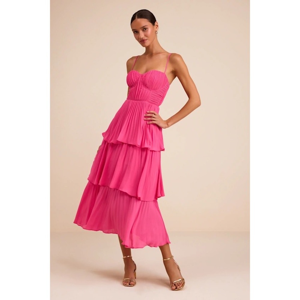 Lulus Cascading Crush Hot Pink Tiered Midi Dress In Large NWT Wedding Guest